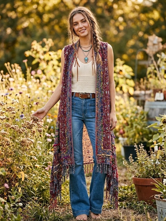 Raj Sweaters - Raj Burgundy Floral Fringe Maxi Cardigan with Multicolor Accents